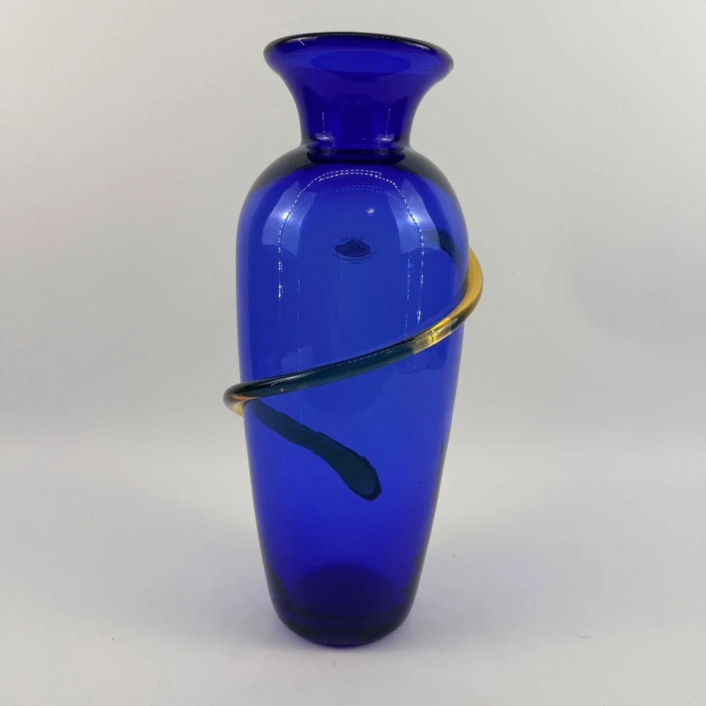 Blenko 9907L Cobalt Blue Art Glass Vase Topaz Applied Spiral Handcrafted USA